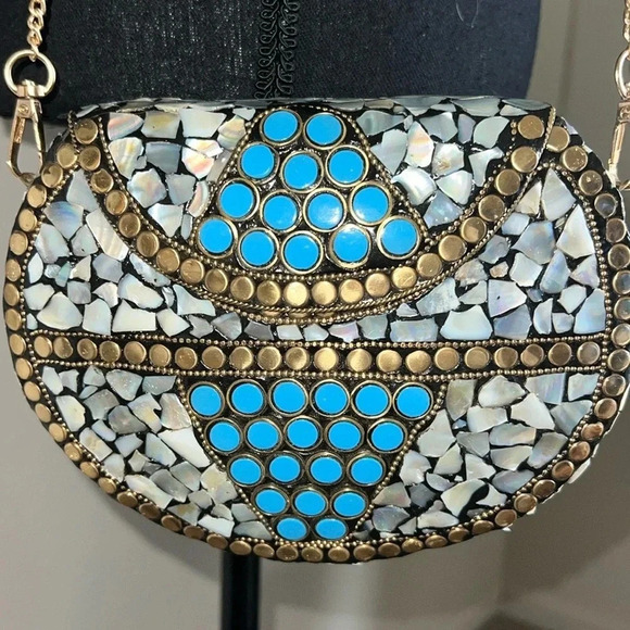 RAMLA Women’s Turquoise Mother of Pearl Mosaic Handmade Shoulder Bag/Clutch - Picture 15 of 15